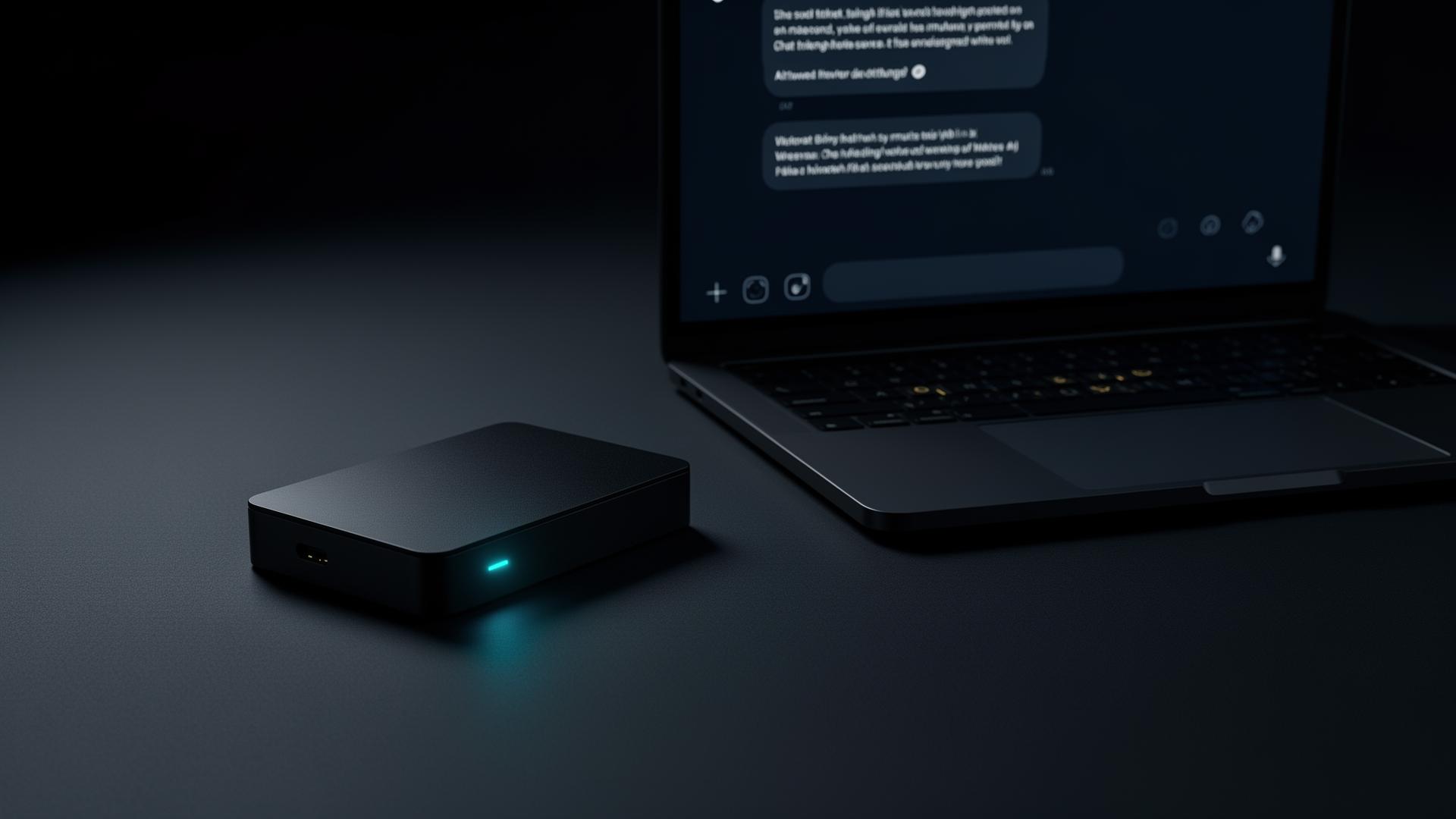 KI-Tresor SSD neben Laptop mit privater KI-Oberfläche